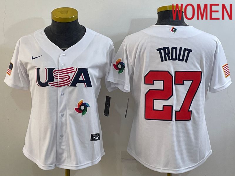 Women 2023 World Cub USA #27 Trout White Nike MLB Jersey9->women mlb jersey->Women Jersey